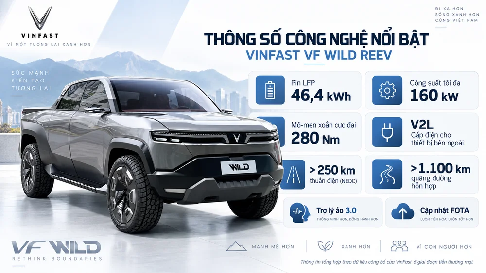 Thông số công nghệ nổi bật VinFast VF Wild gồm pin 46,4 kWh, 160 kW và V2L