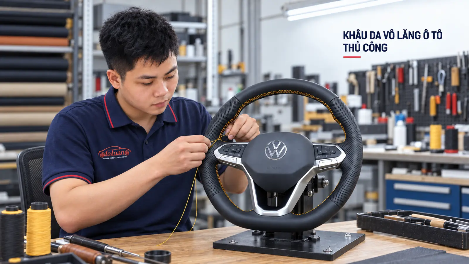 Khâu da vô lăng ô tô thủ công tại Ô tô Tuấn